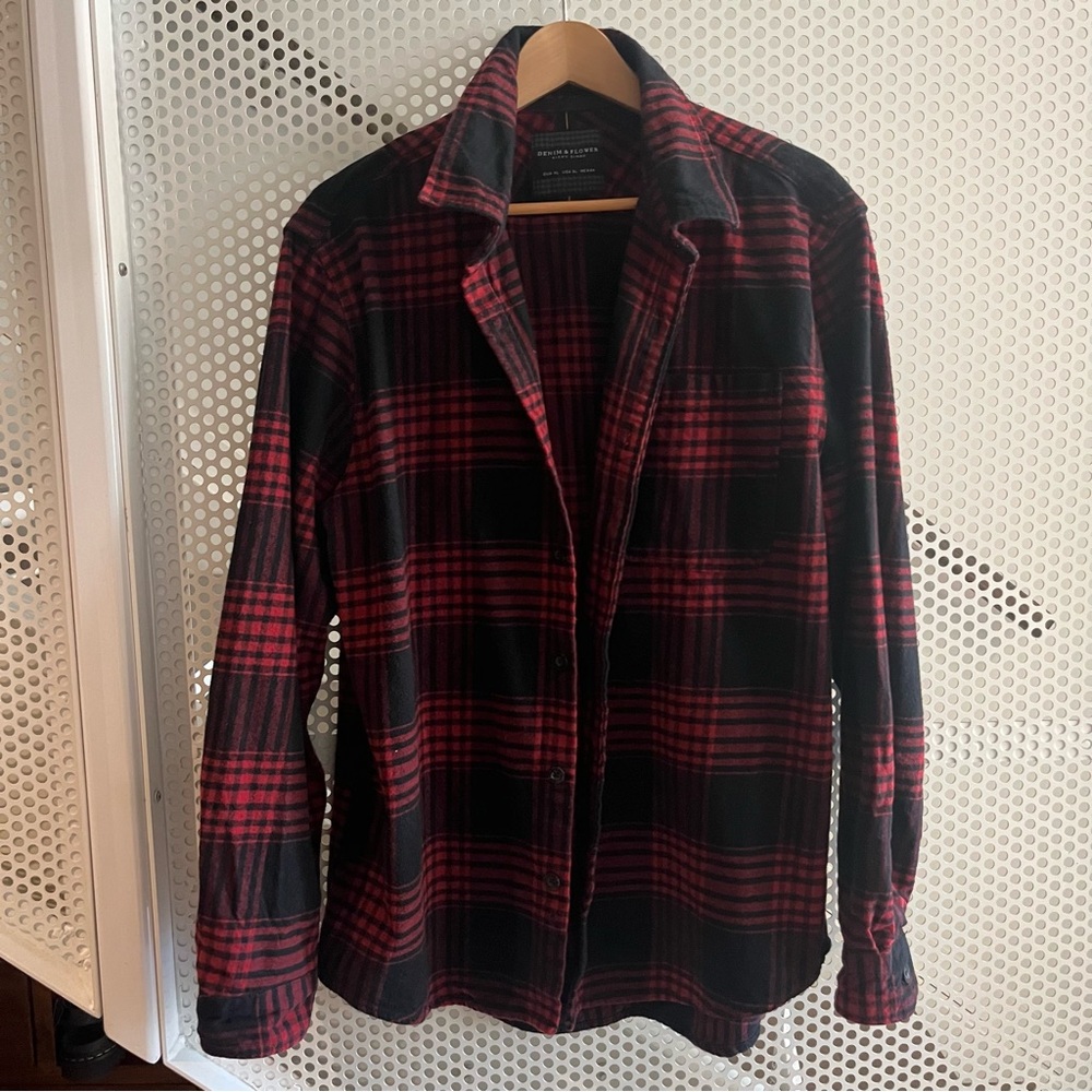 Denim & Flower Ricky Singh Plaid Flannel Button Down Collared Shirt XL Red Black